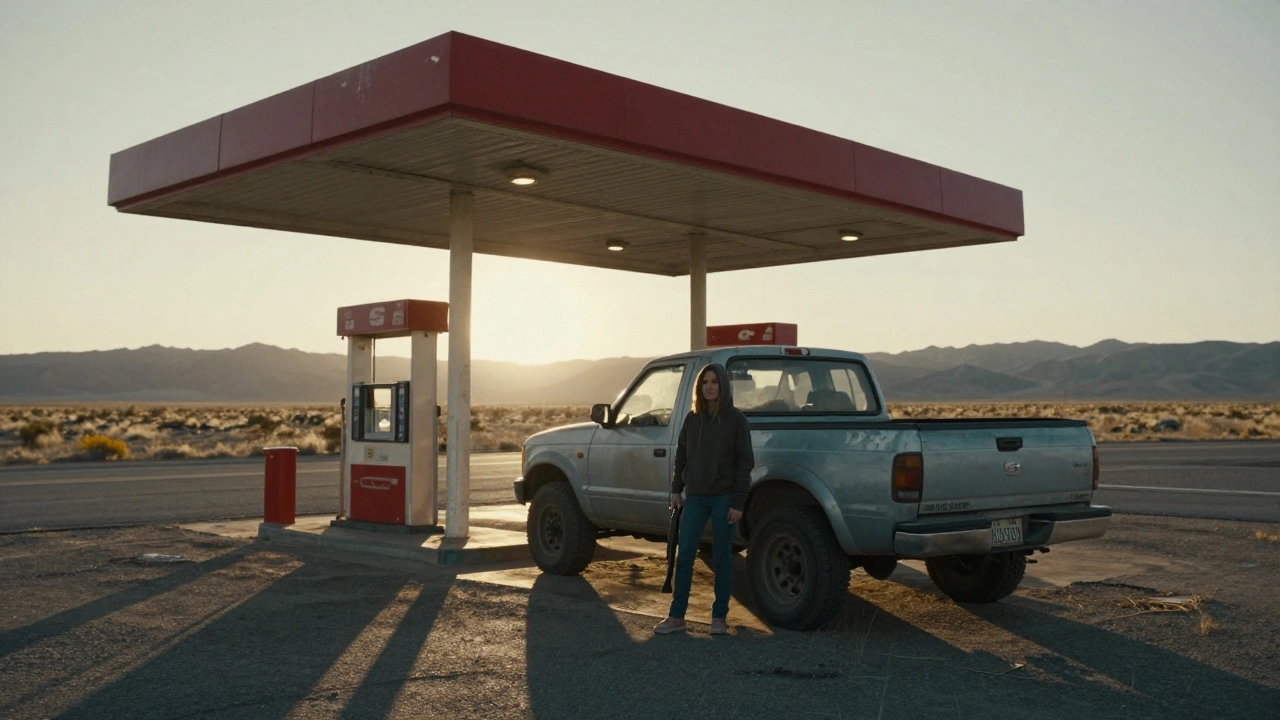 A woman stands beside an abandoned truck at dawn on a lonely highway, mountains looming in the distance.