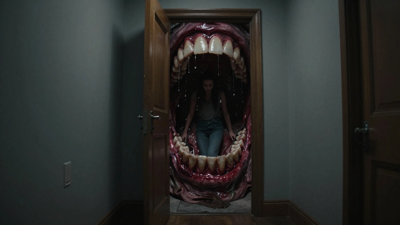 A woman steps into a giant mouth through a ordinary door, teeth towering around her.