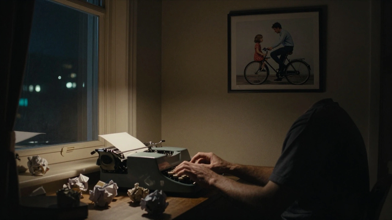A writer at a typewriter at night, a photo of a father and daughter on a bike on the wall.