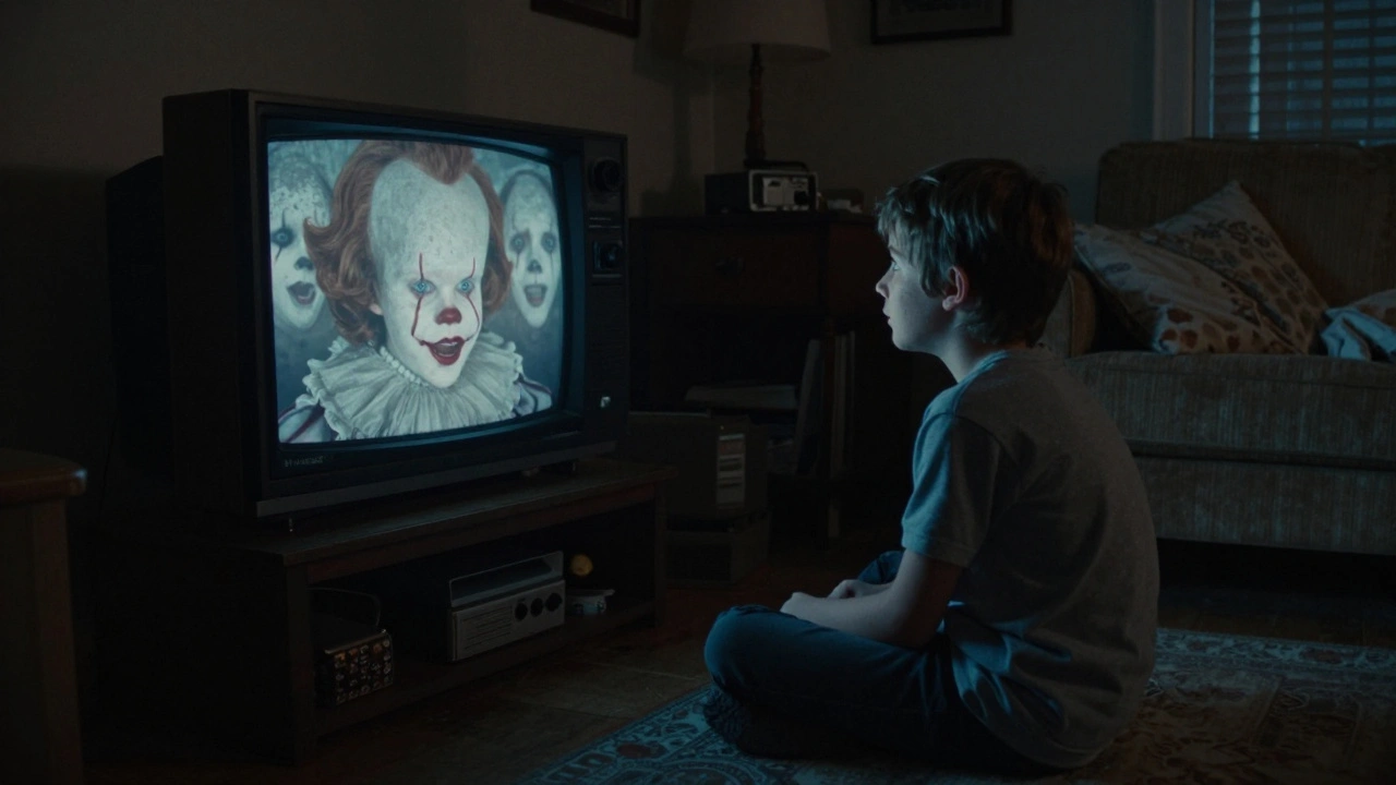 A young boy sitting alone in a dim room, staring at a TV reflecting ghostly faces.