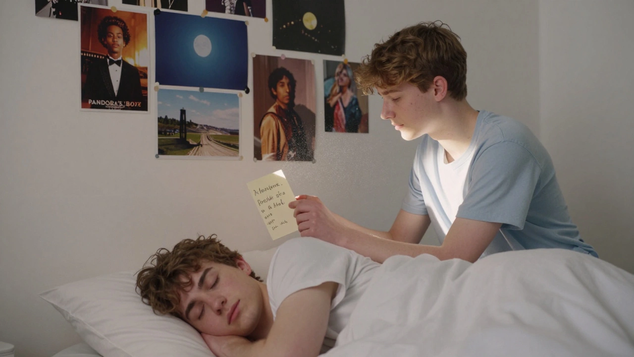 A young couple in a sunlit bedroom, a handwritten note beside them, film stills of queer cinema on the wall.