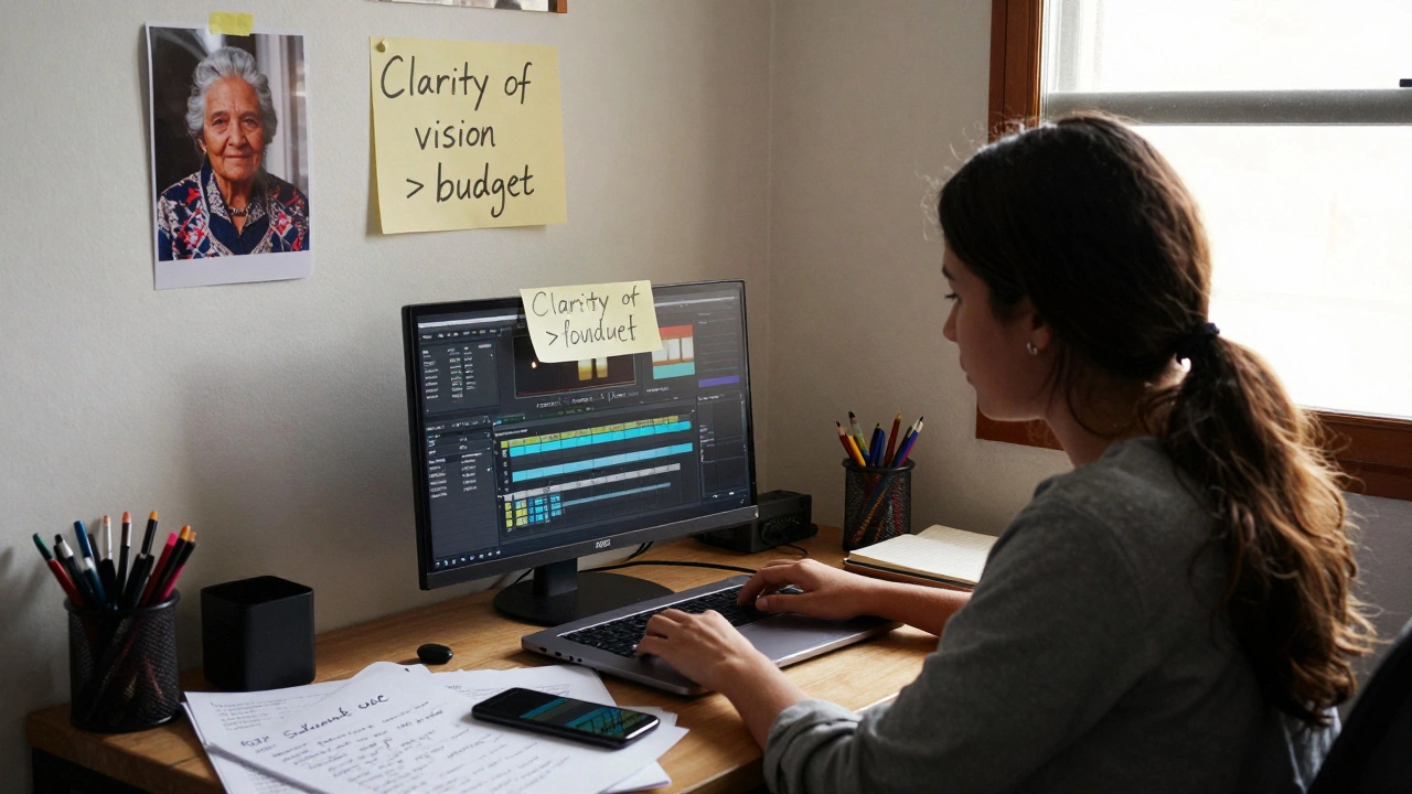A young filmmaker edits her movie in a modest apartment, surrounded by handwritten notes and a photo of her grandmother.