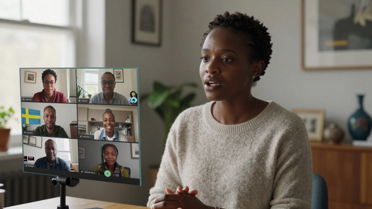 A Zimbabwean actress performing an emotional scene in London, with remote production teams watching on screens.