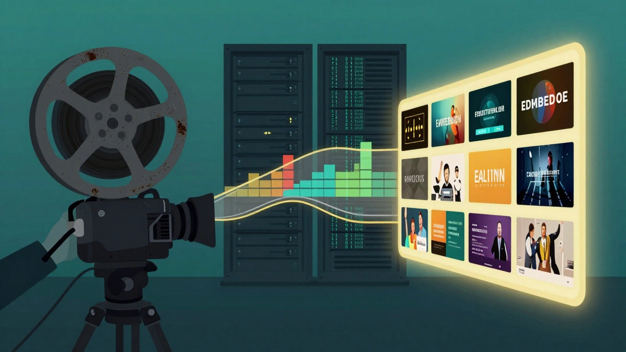 Abstract pipeline transforming a film reel into digital streams flowing to multiple streaming services.