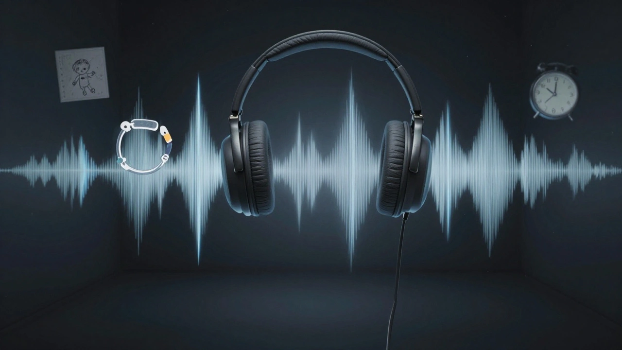 Abstract sound waves in dark room, faint images floating within audio ripples, surreal style.