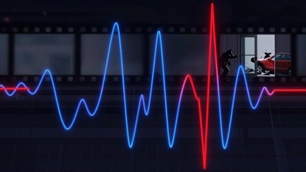 Abstract tempo map with glowing curves syncing to film action cues in dark digital environment.