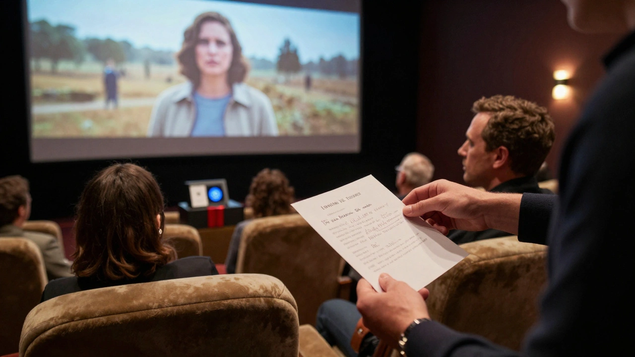 Academy voters receiving personalized gifts during a private film screening, one holding a handwritten note.