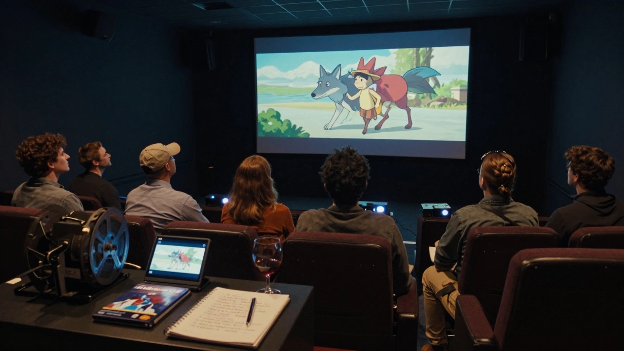 Academy voters watching a hand-drawn animation in a dim screening room, film reels turning, notes and wine on a table.