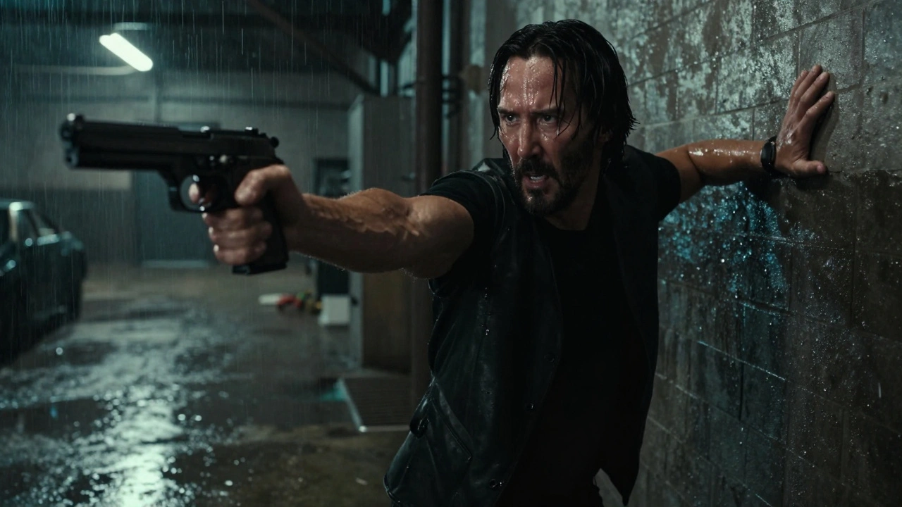Action hero sweating in a dim warehouse, gripping a gun, exhausted but focused, gritty realism.