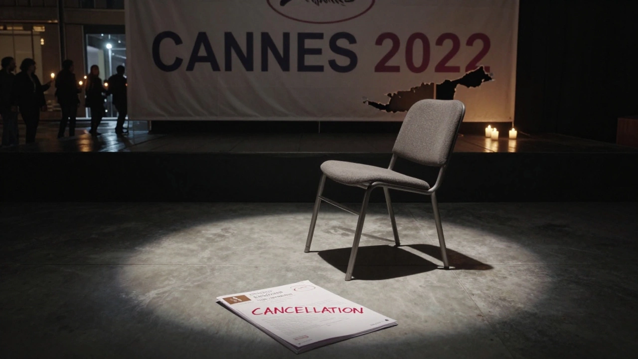 An abandoned festival stage with overturned chair and torn program, protesters visible outside in the distance.