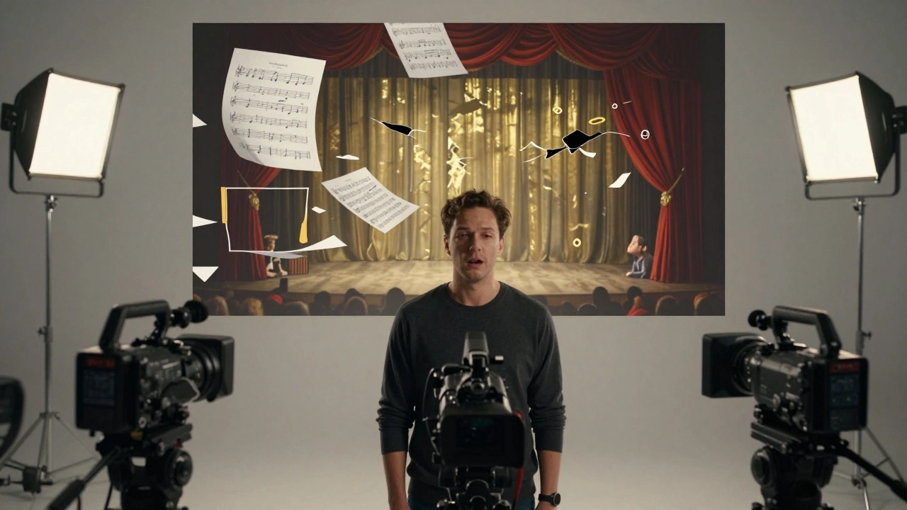 An actor performs a monologue into a camera, with abstract memory images floating around them.