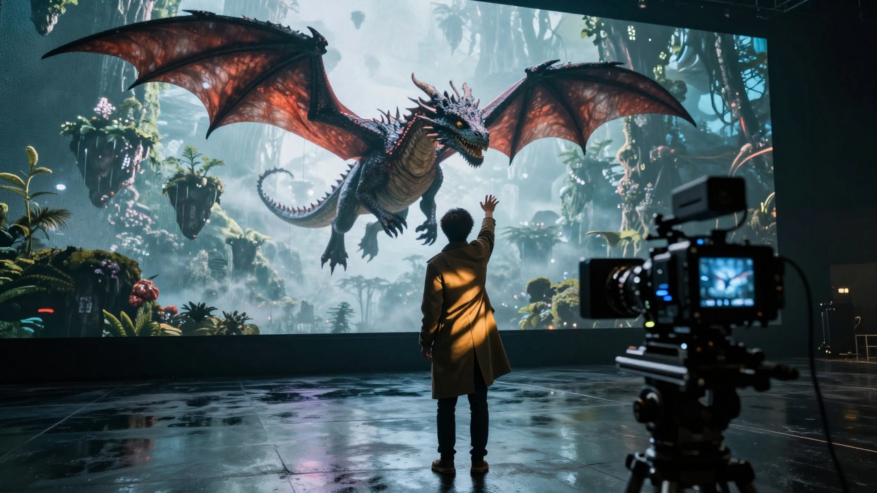 An actor reaching toward a digital dragon, with real-time lighting from the virtual environment reflecting on their costume.