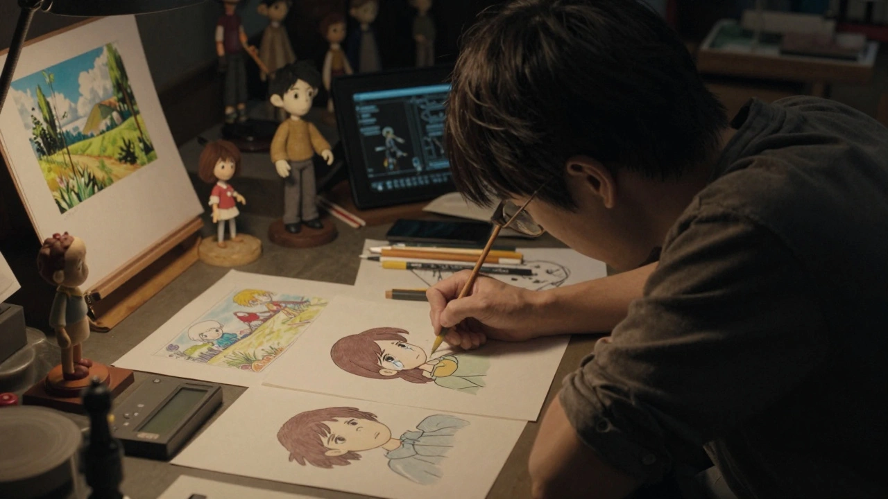 An animator drawing a tear by lamplight in a quiet studio surrounded by sketches.