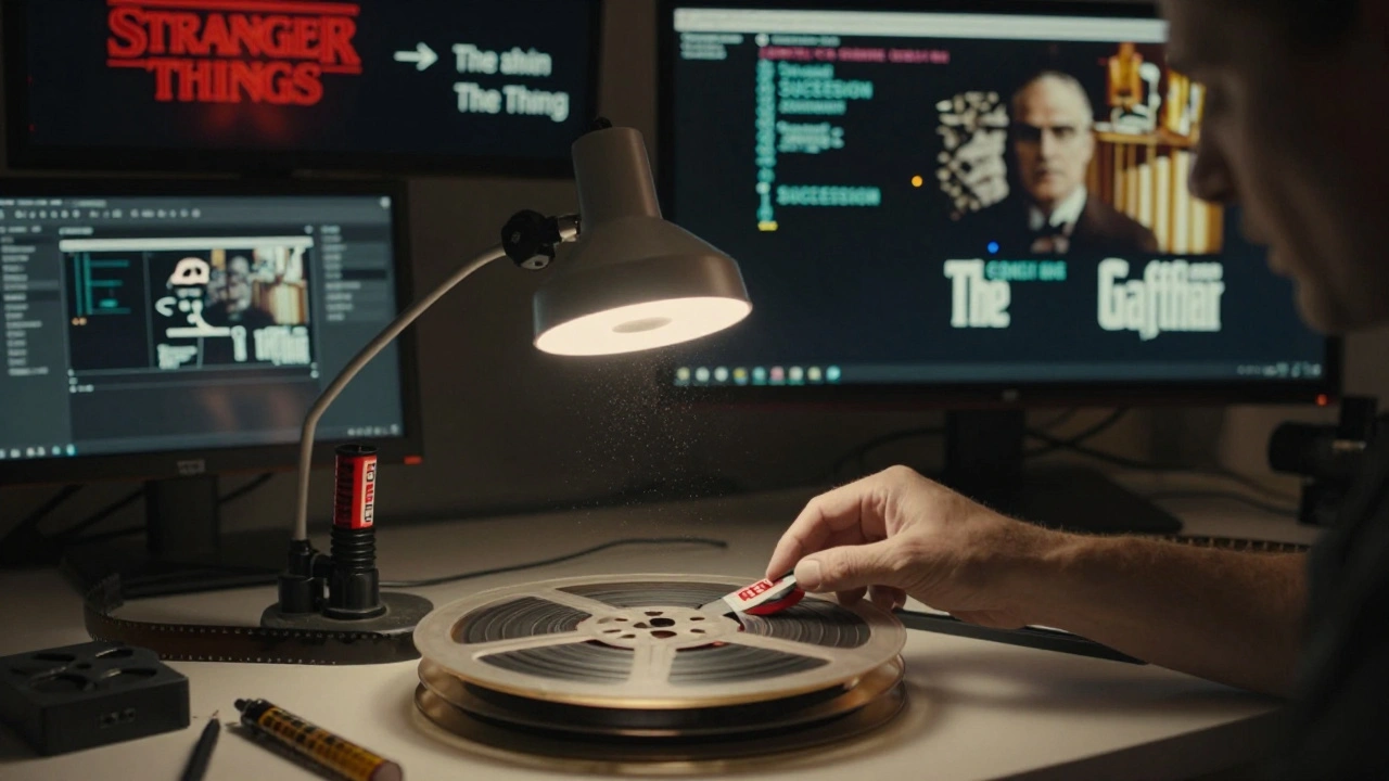 An artisan restoring a classic film reel with a 4K monitor showing algorithmic recommendations behind.