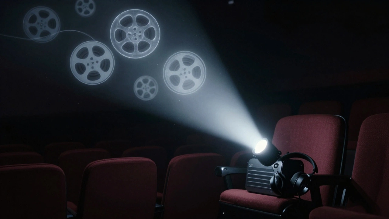 An empty theater with captioning device and audio headset lit by a spotlight, symbolizing unseen accessibility.