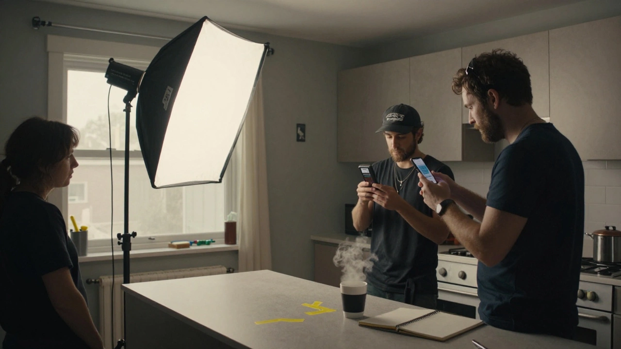 An indie film crew prelighting a kitchen at dawn with a single diffused lamp and testing exposure using a smartphone.