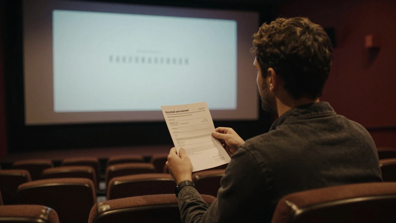 An indie filmmaker in an empty theater, holding a confirmation email as their film plays with a hidden watermark.