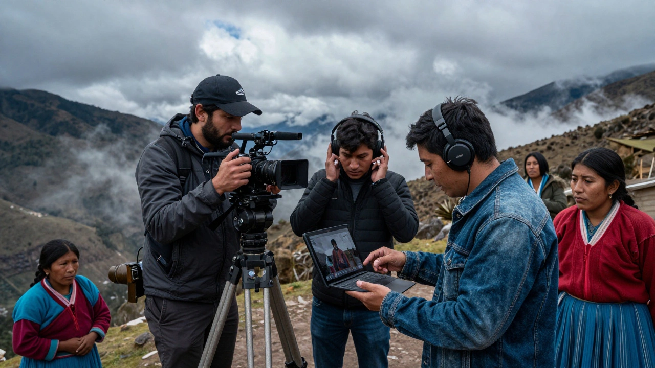 An international film crew shooting on a misty Andean mountainside, with local villagers watching.