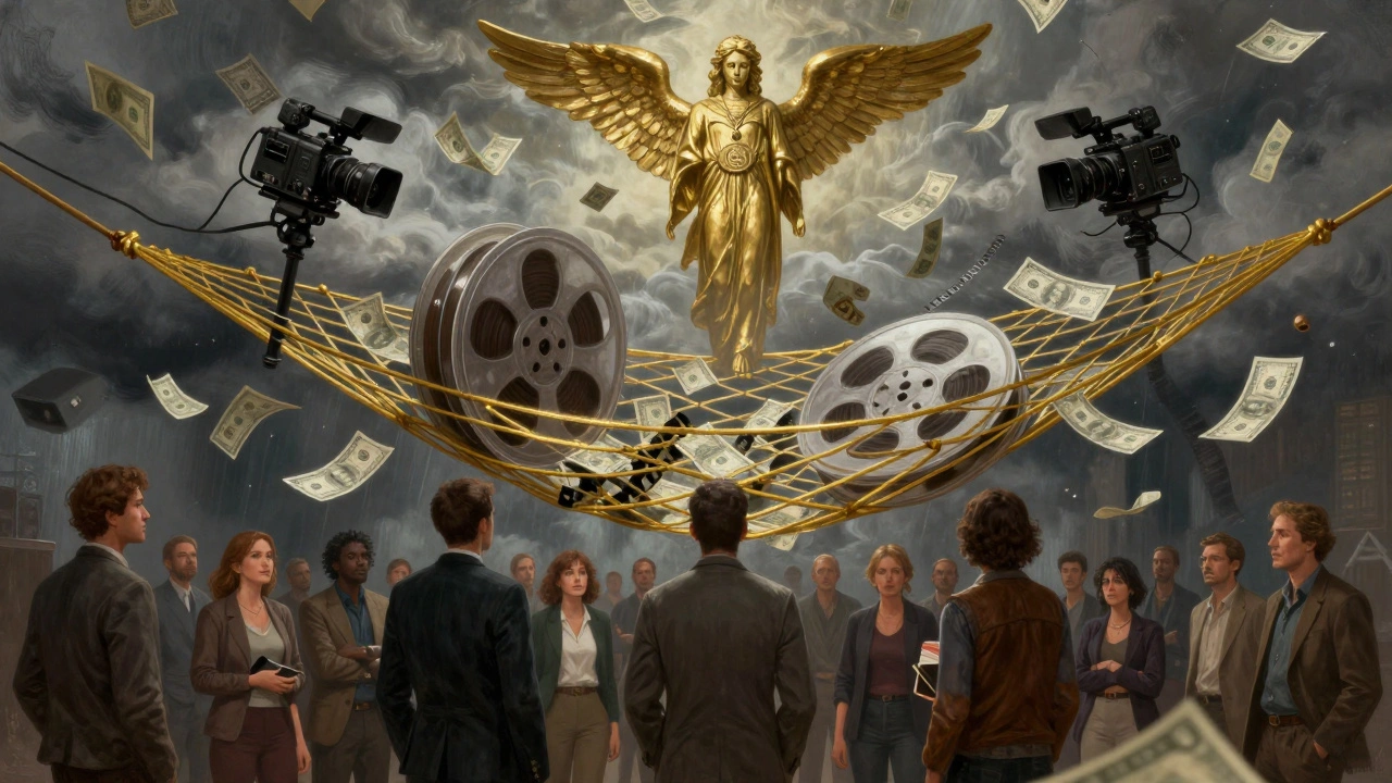 An invisible golden safety net holding up a film reel above a storm of financial chaos, protecting filmmakers below.