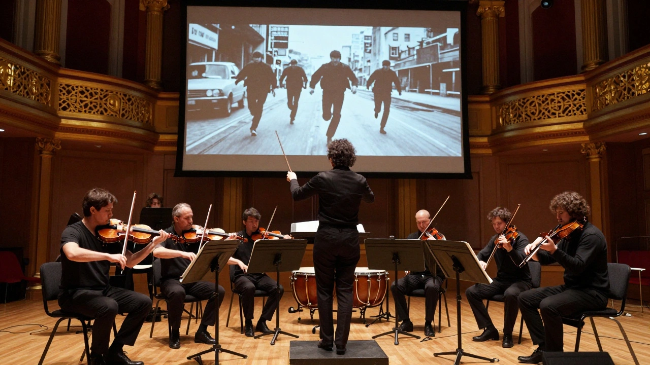 An orchestra performing to a film clip on a screen, conductor leading under dramatic lighting.