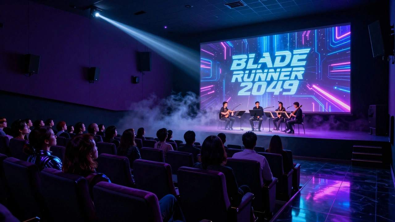 Audience watches a live orchestra accompany a midnight screening of 'Blade Runner 2049' in a darkened theater.