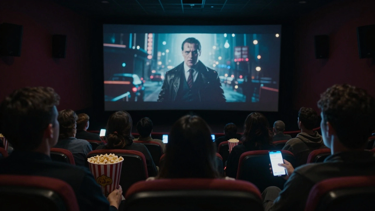 Audience watching a crossover scene in a dark theater, faces lit by the screen's glow.