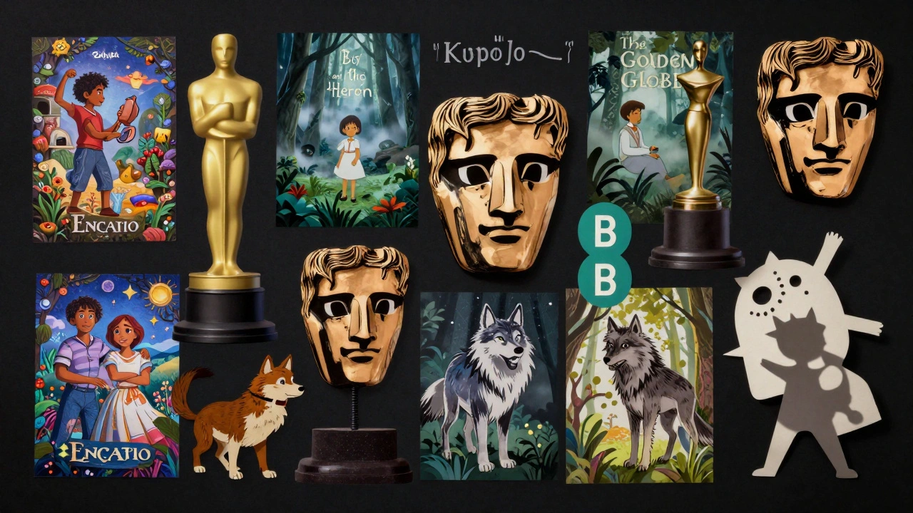 Award trophies floating above a mosaic of diverse animated films from around the world.