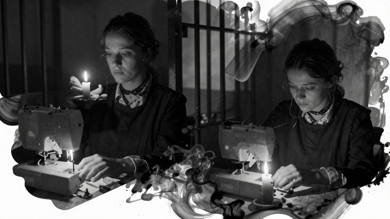 Black-and-white slow-motion sewing intercut with animated prison bars, poetic atmosphere.