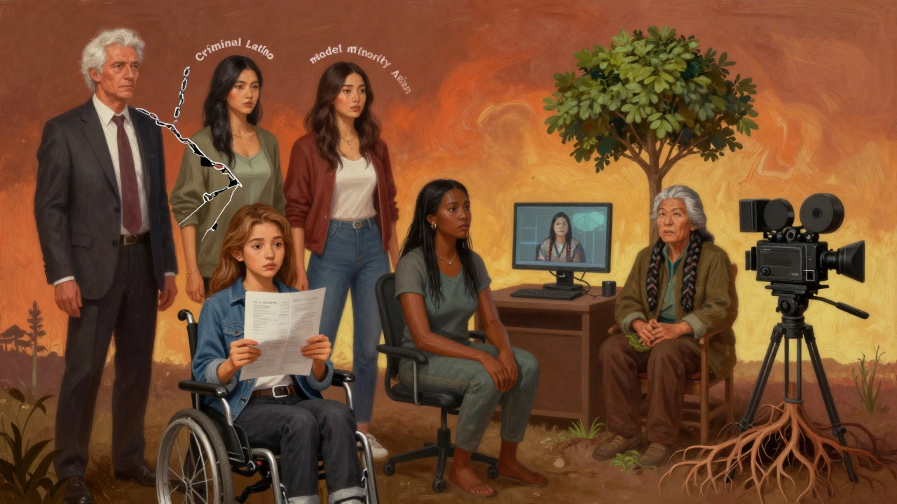 Broken stereotypes fading as new diverse creators rise, symbolic roots growing into audience.