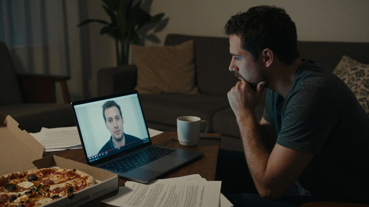 Casting director watching a self-submitted audition tape on a laptop at night.