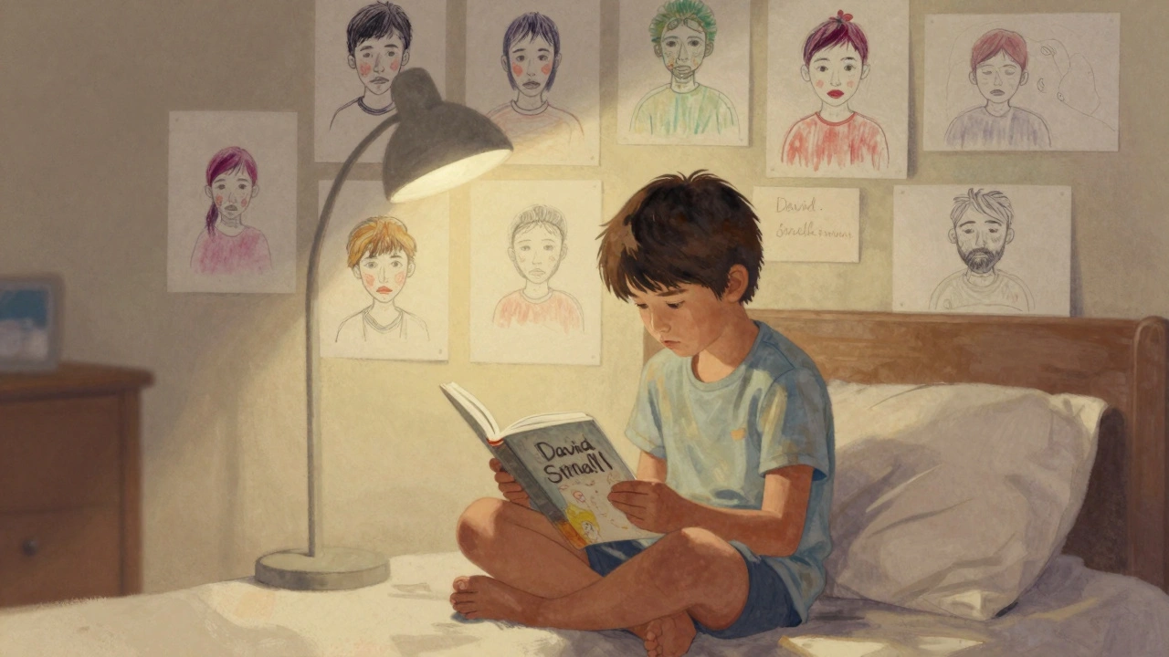 Child reading Stitches at night, surrounded by their own drawings on the wall.