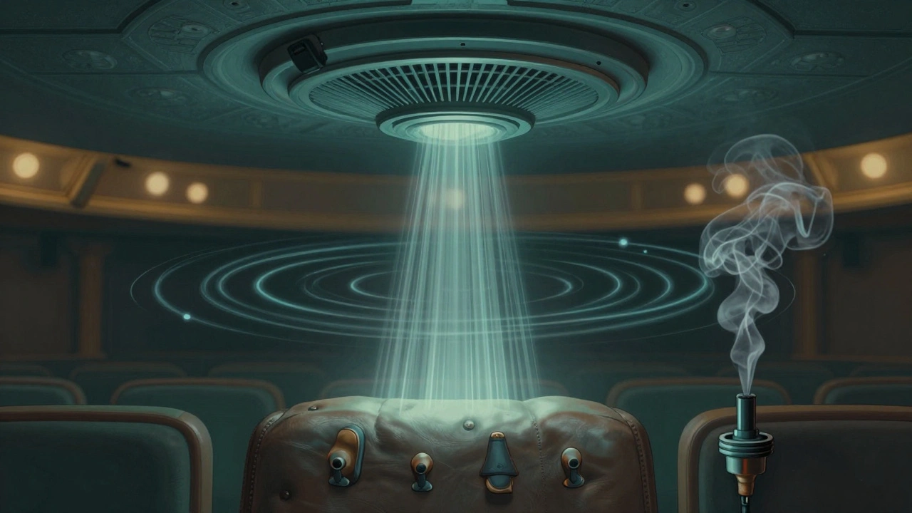 Close-up of hidden theater technology: air jets, haptic actuators, and scent dispensers syncing with the movie.