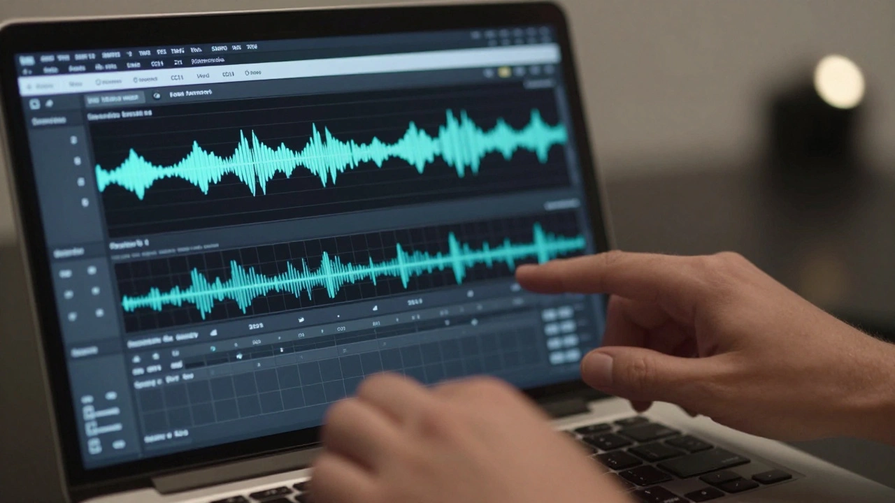 Close-up of MIDI expression curves being adjusted on a laptop screen, audio stems labeled with timecodes.