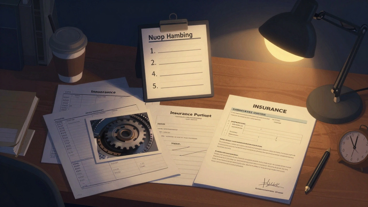 Cluttered desk with insurance checklist, gear photos, and policy documents at dawn.