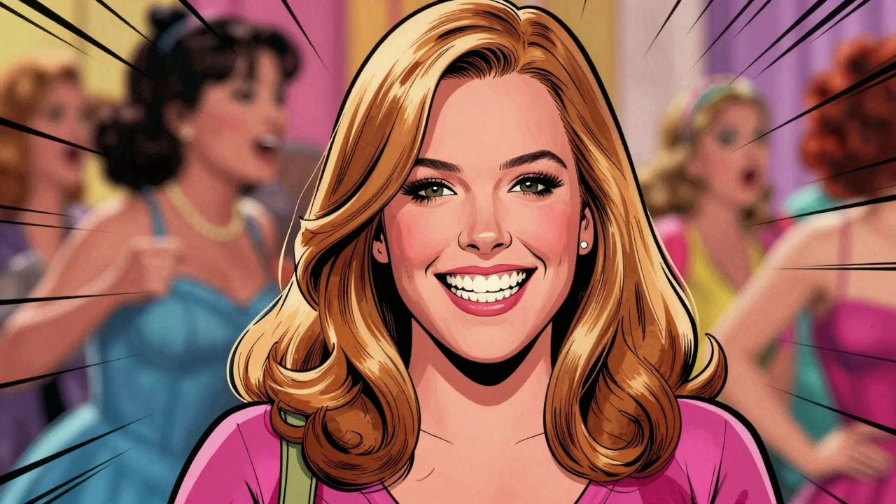 Comedian with exaggerated smile mid-pause, surrounded by blurry party chaos, comic book style.