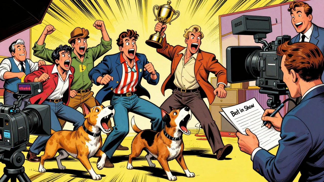 Comic book-style scene of actors in a mockumentary film improvising wildly on set, director smiling behind the camera.