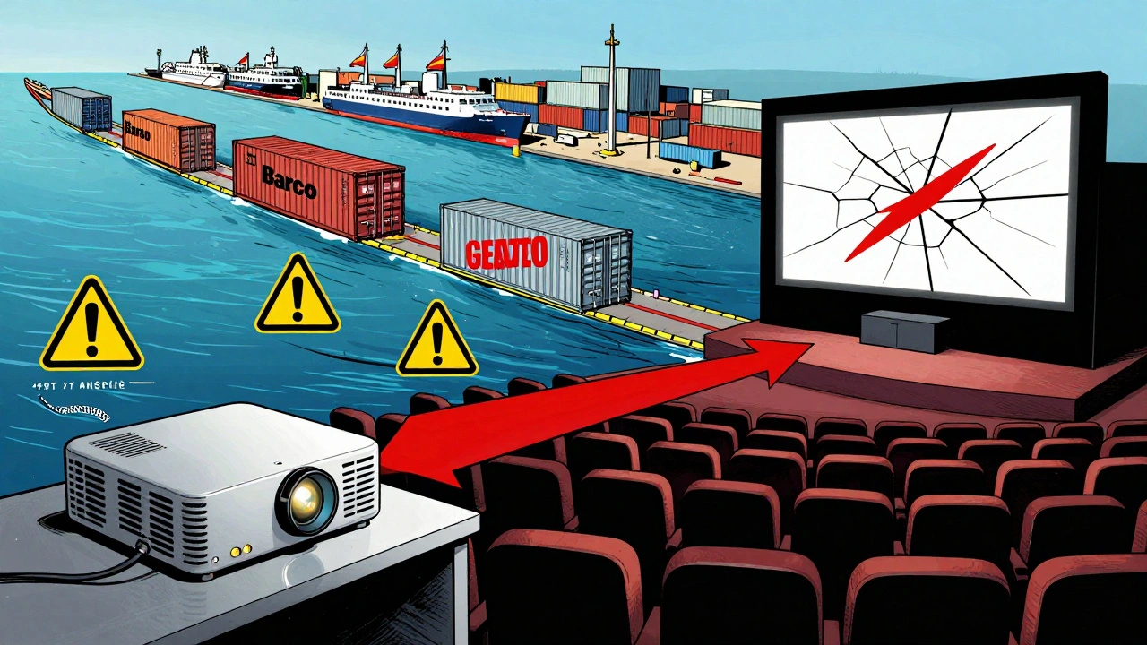 Comic-style illustration showing a projector delayed by global supply chain issues from factory to theater.