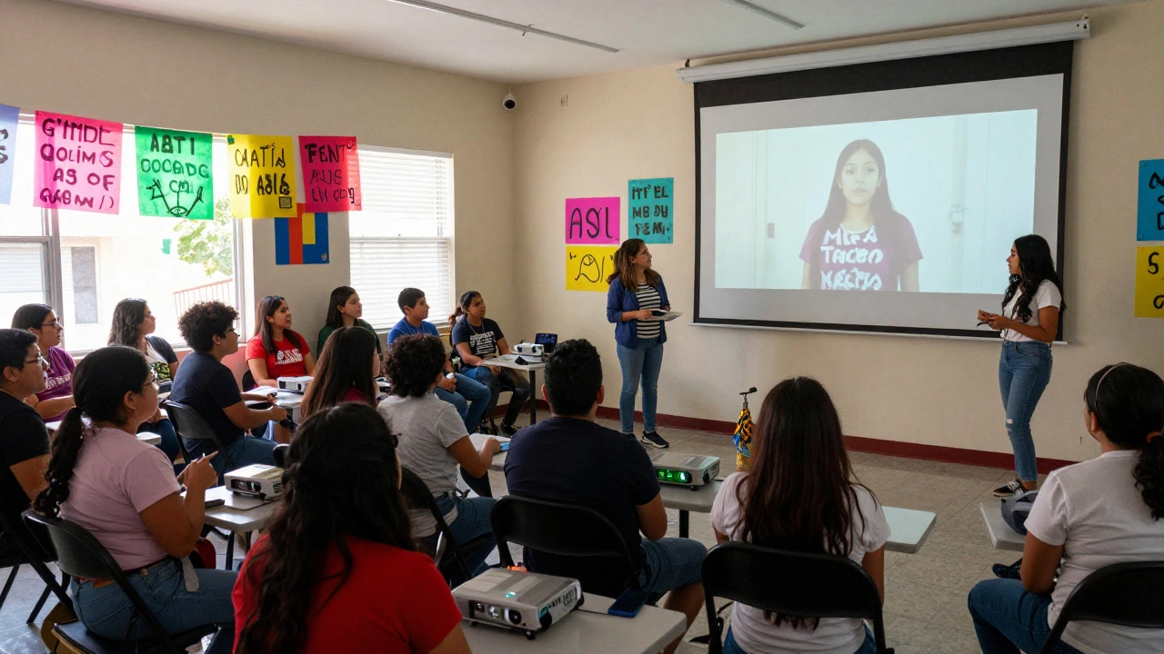 Community members gathering for a film screening at a cultural center with handmade banners