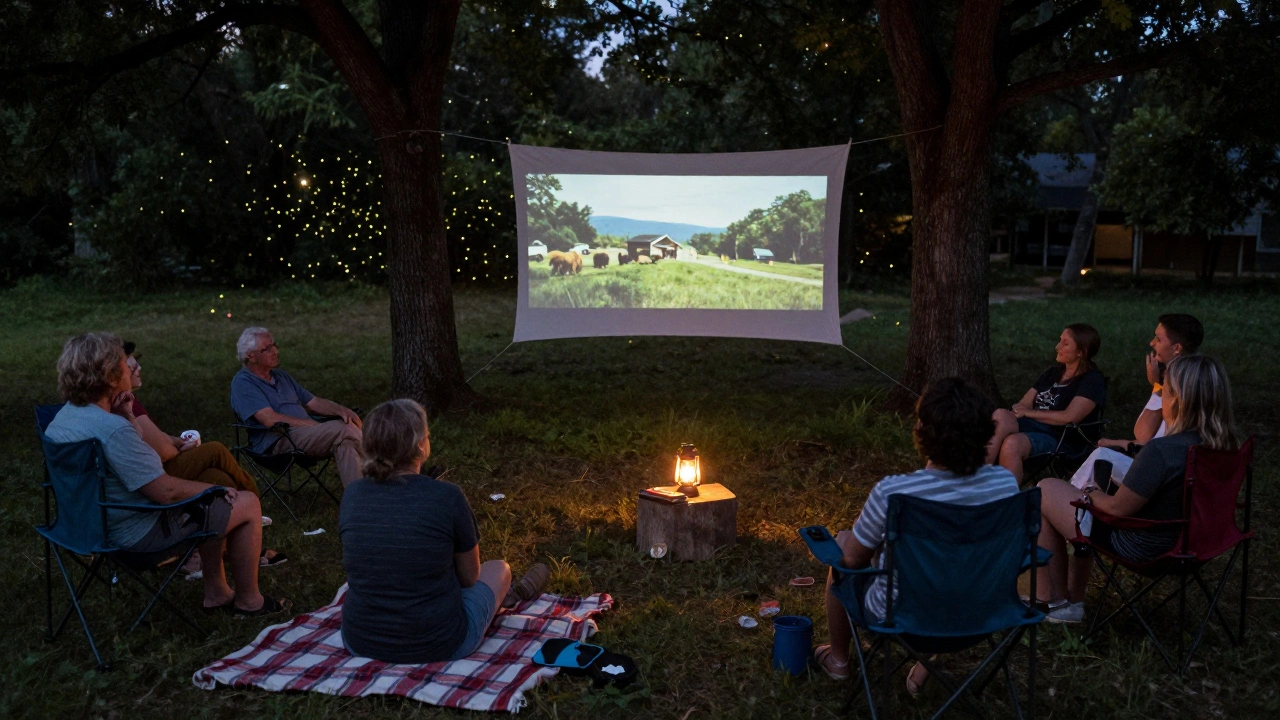 Community members watching a documentary outdoors in Arkansas under a night sky with lanterns and fireflies.