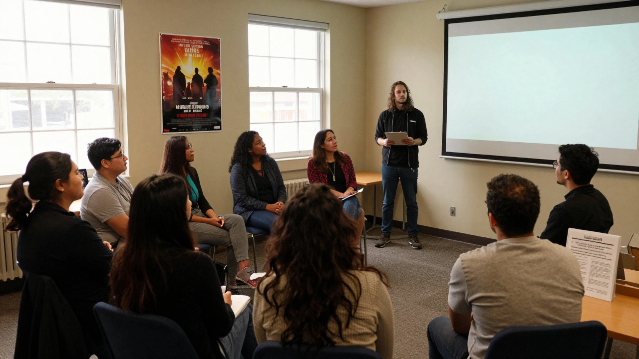 Community members watching a film projection in a library, emotionally engaged, filmmaker observing quietly.