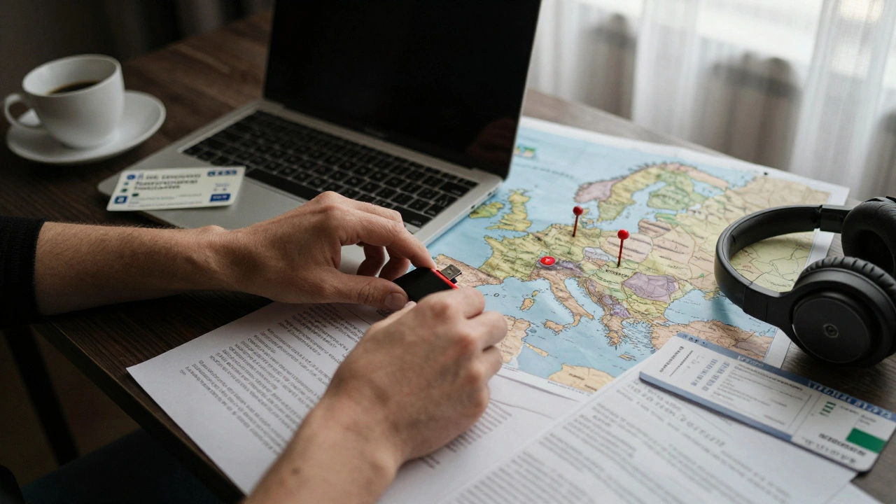 Composer's desk with European recording logistics: visa papers, map with pins, coffee, headphones, and USB drive.