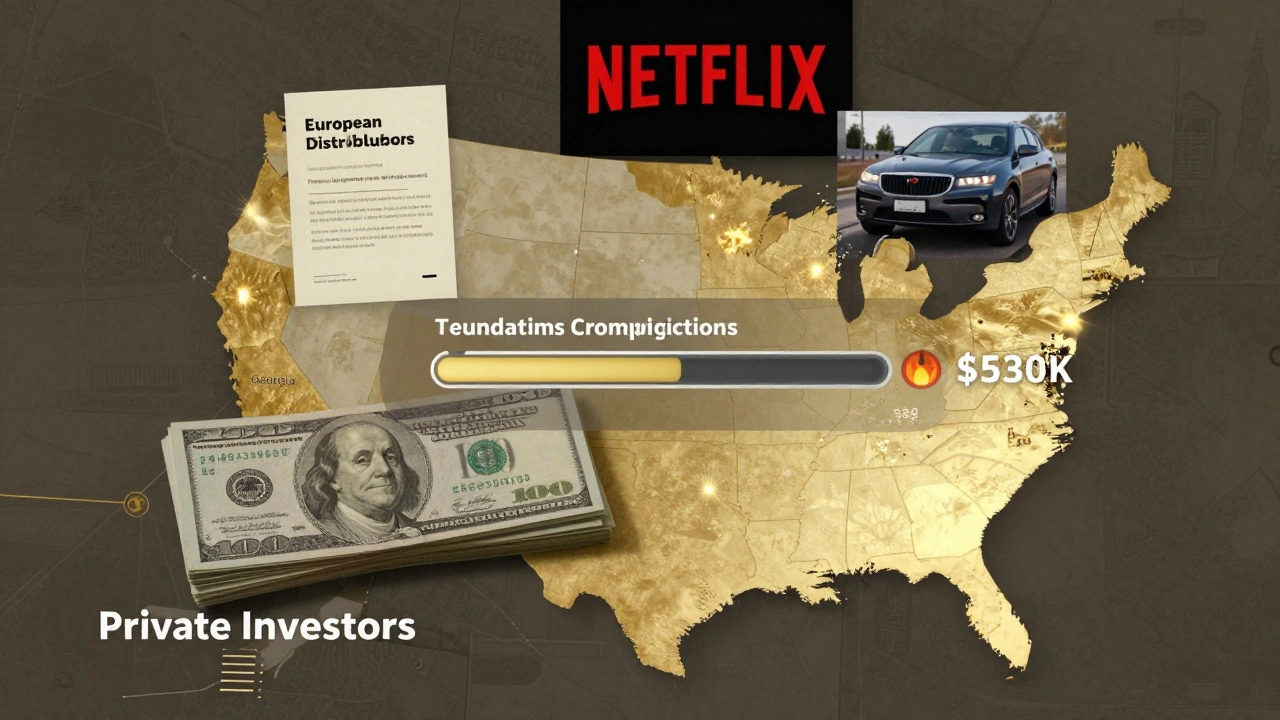 Conceptual collage showing multiple funding sources for an indie film: investors, tax credits, pre-sales, crowdfunding, product placement, and streaming.