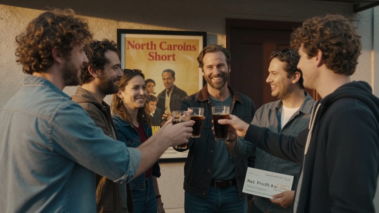 Crew celebrating after a film premiere with profit share check in hand.