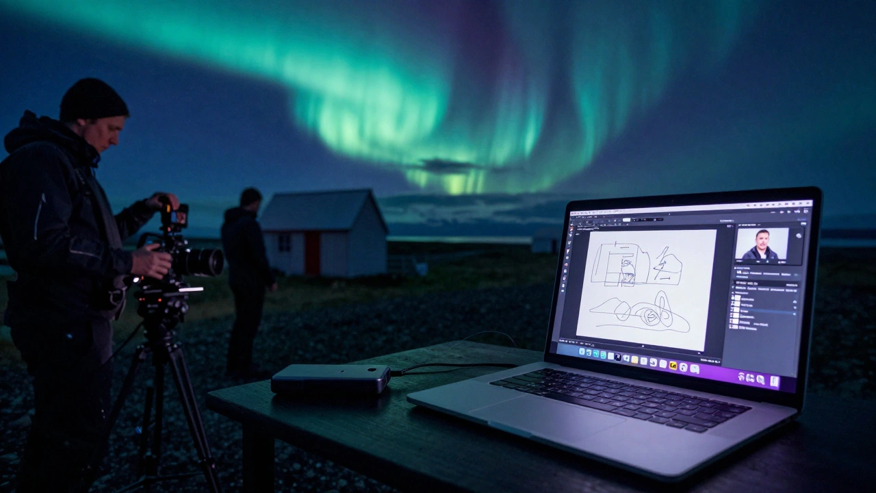 Crew member uploading footage under northern lights while someone reviews it remotely in a dimly lit apartment.