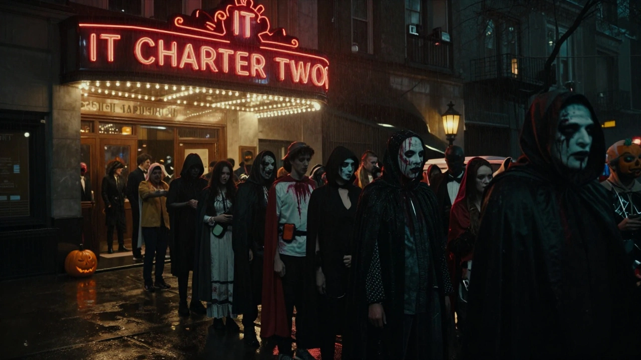 Crowd in Halloween costumes lining up for a horror movie premiere on a rainy October evening.