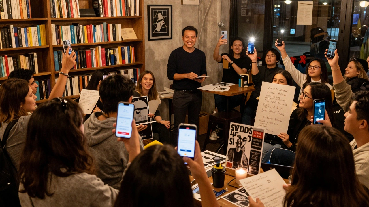 Crowdfunding launch event in a bookstore with supporters holding posters and glowing phones.
