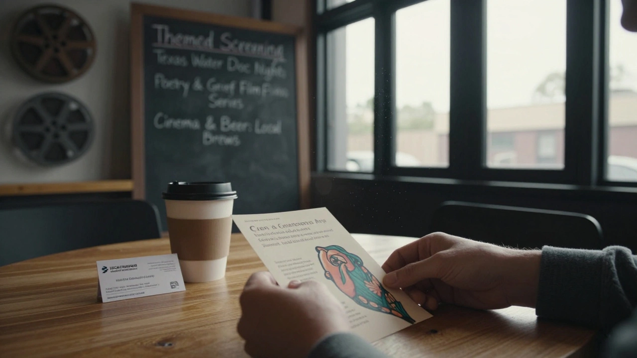 Curator's hands placing a program card beside coffee and a filmmaker's card, with chalkboard listing regional film events.