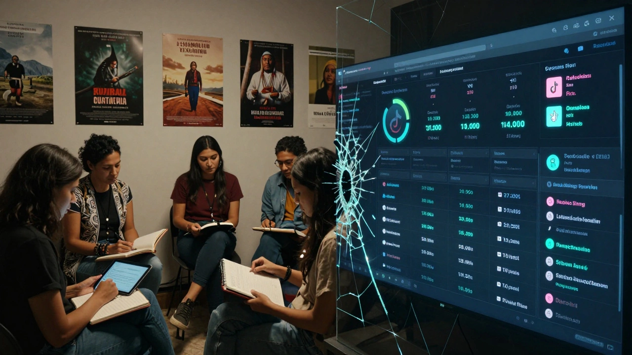 Curators reviewing diverse films on one side, digital metrics dominating the other in a split-screen scene.