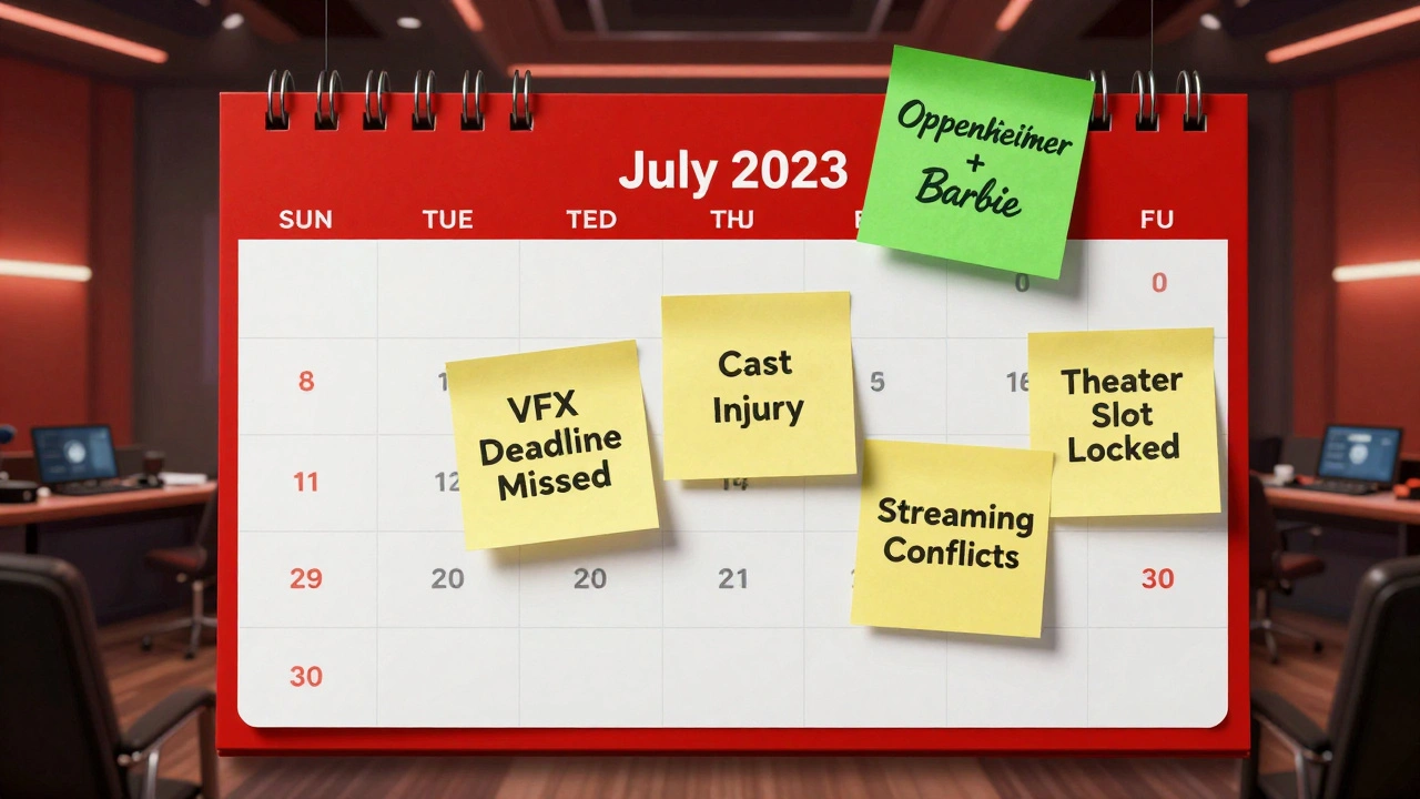 Digital calendar in a studio war room showing conflicting release dates and strategic pivots.