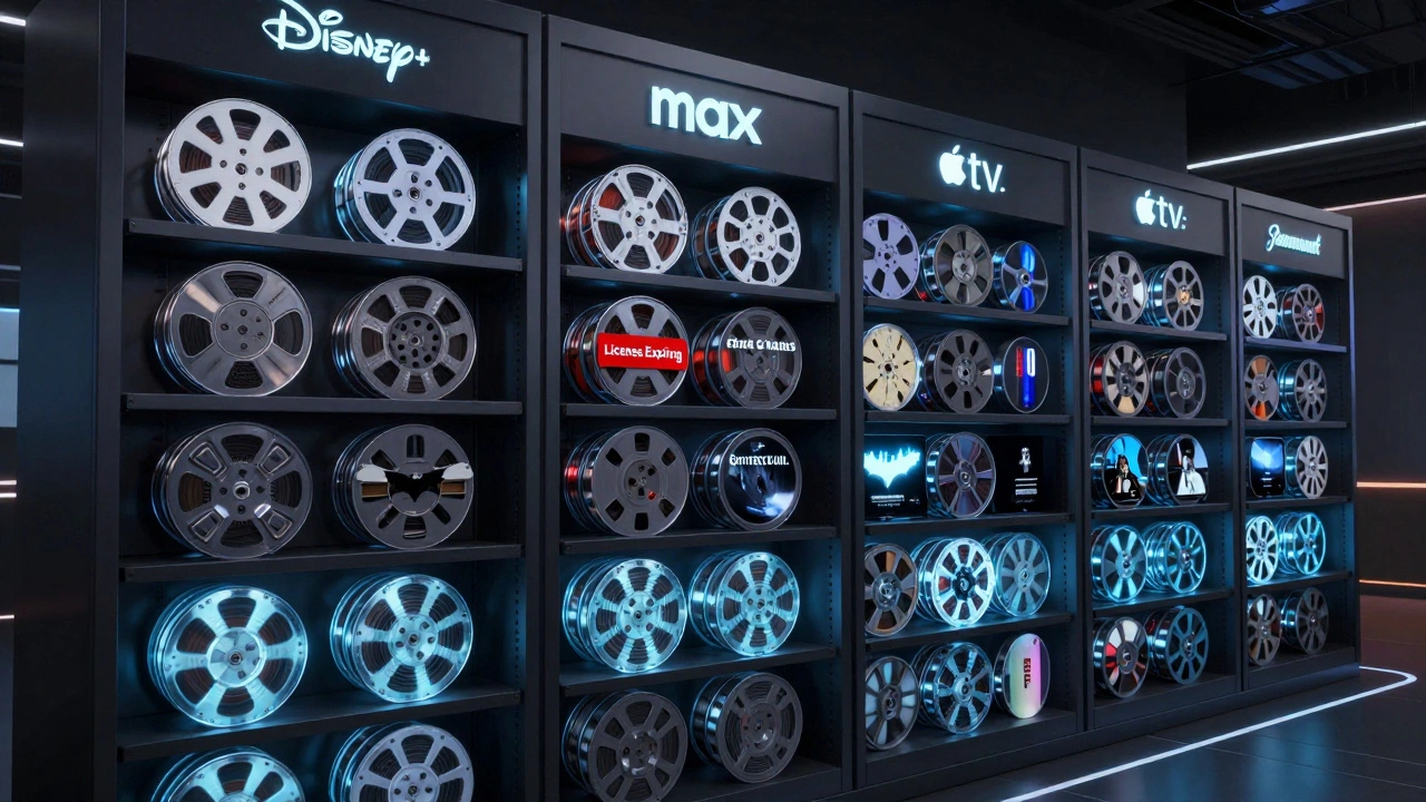 Digital shelves of streaming service film libraries with glowing titles and one expiring license.